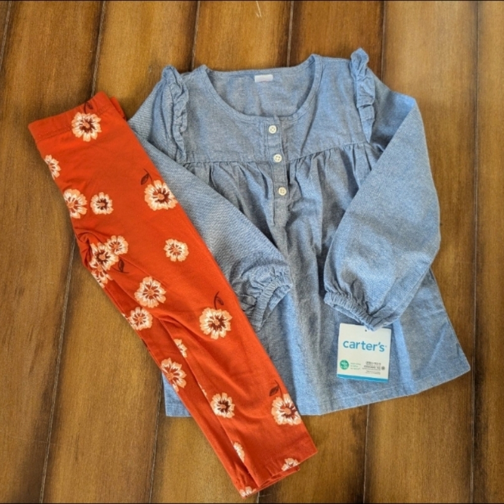 [NWT] Carter's | 2-piece Chambray Denim Blue and Orange Floral Leggings